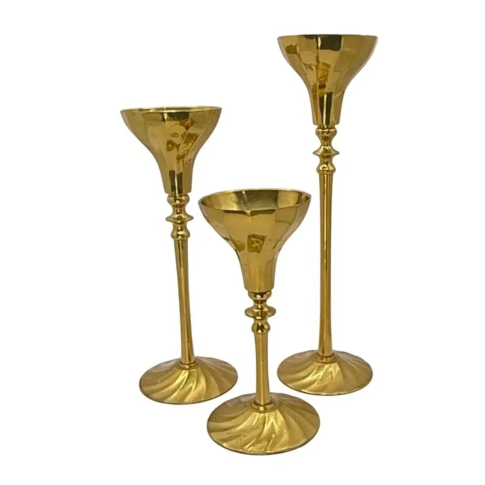 Mid 20th Century Brass Swirl Design Candlestick Candle Holders Set 3 Graduated‎
